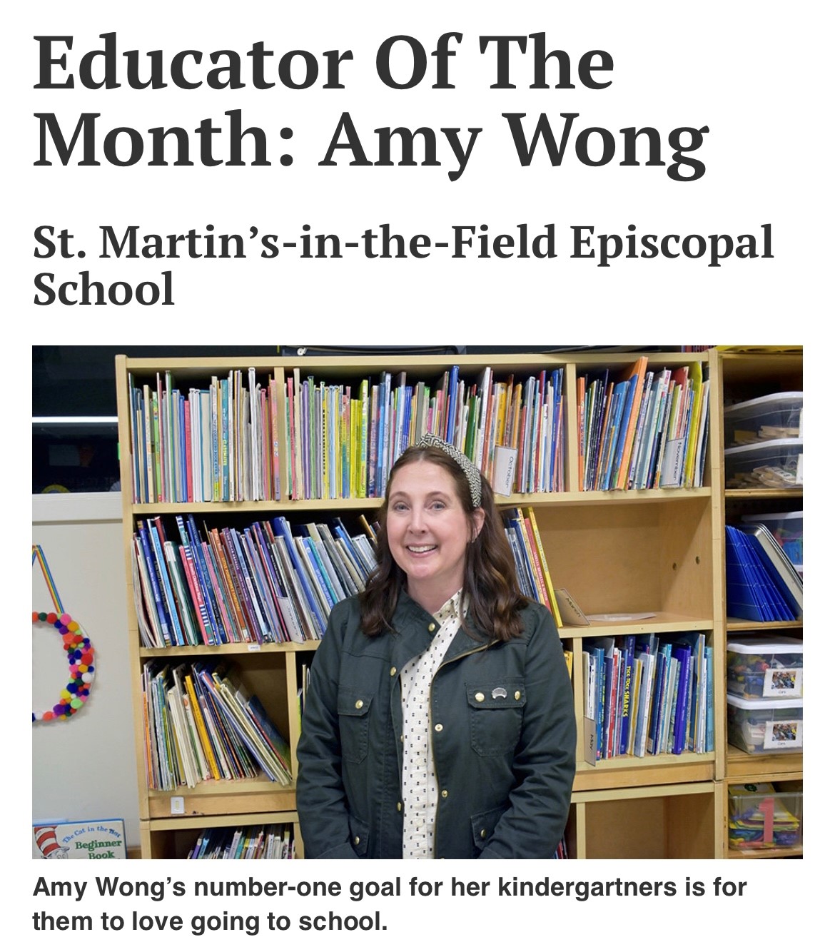 Educator of the Month Amy Wong Article in Serverna Park Voice